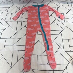 KicKee Pants Shark Print Ruffle Footie Pajamas Coral Pink Teal 9-12 Months